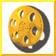 A golden film reel icon with multiple circular holes, displayed in a of nine on white backgrounds with yellow borders