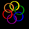 Six distinct arrangements of interlocking colored rings on a black background, each ring a single solid color with no gradients or outlines.