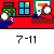 Animated sequence of a cartoon character in blue clothing holding a white object, with changing background elements and repeated '7-11' text below.