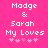 Pixelated text on bright pink background with two identical side-by-side layouts of names and hearts.