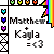 Pixelated text displays 'Matthew + Kayla =<3' with rainbow and colored heart borders, showing animation changes in border colors.