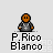 Pixel art character with brown skin and gray jacket, multiple poses including hand gestures and size variations under 'P Rico Blanco' text.