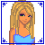 Pixel art contact sheet showing a blonde female character in various poses and angles with blue top, black shorts, and black boots across nine frames including full-body views, close-ups, and text elements.