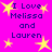 A static image with a bright pink background displays repeated text "I Love Melissa and Lauren" in dark blue pixelated font surrounded by yellow star shapes.