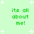 Green pixelated text 'its all about me!' repeated four times on a light green background with white star shapes.