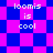 Pixelated text 'loomis is cool' appears on a blue and pink checkered background with two distinct patterns