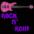 Pixelated pink electric guitar with dark fretboard and pickups, positioned horizontally above text reading "ROCK n' ROLL!" in purple or blue pixel font on black background.
