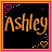 Four square display the name 'Ashley' in different colors and border styles with pixelated heart decorations