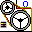 Pixelated mechanical gear assembly with rotating components, blue square indicators, and yellow-red control elements on a white background.