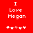 Red background with white pixelated text "I Love Megan" and five white plus signs with one pink heart sign below the text.
