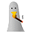 Pixelated gray figure with black eyes holds a yellow-orange gradient object with dark brown and red tip against light gray background.