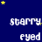 Dark blue background with yellow and gray stars scattered , displaying repeated 'starry eyed' text in white pixelated font arranged in a