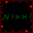 Pixelated icon with repeating green text and red star-like shapes on a black background, framed by dark red border elements.