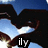 A pixelated image shows a dark bird-like figure with outstretched wings against a blue sky background, with a white text block reading 'ily' at the bottom.