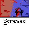 Animated contact sheet showing seven frames of a pixel art buddy icon with changing background colors and character poses, each labeled "Screwed" below.