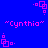 Blue background with pink pixelated text "Cynthia" and four identical pink square-based geometric shapes arranged in a pattern