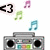Pixelated icon with four quadrants: top-left shows a gray boombox and floating musical notes, top-right has blue background with white dots and text "livi rissy caitlin", bottom-left displays pink background with white dots and names "erin sarah lissy".