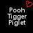 Two side-by-side pixelated text displays with 'Pooh Tigger Piglet' in white on black, each featuring a red heart symbol above the left display.