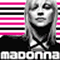 repeated grayscale portraits with pink and black striped backgrounds, each portrait featuring a person with closed eyes and a black top, overlaid with the word 'madonna' in white text