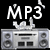 Black and white animated icon featuring MP3 text, boombox imagery, musical notes, and 'FREE' text with pixelated motion effects.