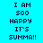 Pixelated text on cyan background with pink highlight bars shifting across of 'I AM 500 HAPPY IT'S SUMMA!!' in dark blue