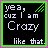 A contact sheet of seven animated frames showing a pixel art buddy icon with text "yea, cuz I am Crazy like that" in various color combinations and border styles.