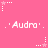 Pink background with repeated white text 'Audra' and star-shaped pixel art elements in various positions.