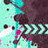 Pixelated static image with teal and dark purple background, scattered black dots, pink accents on vertical lines, and partial white text fragments.