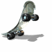 Animated sequence of a skateboard performing tricks against white background with gray shadow.