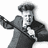 A grayscale animated icon shows a person in a dark jacket with a white shirt and tie, holding an object near their face.