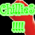 Green pixelated text 'chillie' and four exclamation marks on a red chili pepper with green stem against black background.