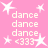 Pink background with white stars and repeated text "dance" and "<333" in pixelated font.