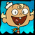 Pixelated cartoon character with large eyes, open mouth showing teeth and tongue, sailor hat, blue background.