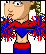 Pixelated cartoon girl with braided hair in red and blue outfit, holding pom-poms; some frames show text overlays.