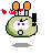 Pixelated character with green body, orange antennae, and purple eyes displays angry expression through red sparkles above head.