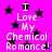 Bright pink background with black stars and repeated white text reading "I Love My Chemical Romance!" in pixelated font.