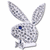 Pixelated grayscale bunny head with long ears, blue eye dot, and diamond-shaped mouth on white background.