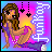 Pixel art mermaid with long brown hair, purple top, and purple tail, seated on a white base against a pink-to-yellow gradient background with hanging black star shapes.