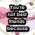 A static image with a pink and white patterned background featuring hearts, chains, and floral motifs. Black text in segmented blocks conveys friendship-related messages.