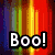 Pixelated icon with four quadrants: rainbow gradient background with "Boo!" text, pink stripes with "There" text, purple with "U" text, and pink circles with "R" text