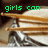 Green pixelated text 'girls can play drums too' appears over a blurred image of drumsticks and a drum kit.
