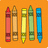 Five pixelated crayons on orange background with blue text stating 'i like coloring... coloring is my favorite' on red background.