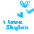 Blue pixelated text reads "i love Skylan" beneath three blue heart shapes on a white background.