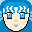 Pixelated character face with blue hair and eyes, showing three distinct expressions