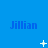Blue background with repeated 'Jillian' text and white pixelated star-like shapes in various states of animation.