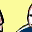 A sequence of pixelated cartoon faces on a yellow background, each face showing a different expression and orientation with a blue collar visible.