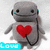 Pixelated gray figure with black eyes and mouth, red heart on chest, black cord, and cyan text box at bottom left.