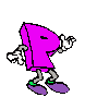Animated pink 'P' character with gray limbs and purple shoes performs sequential gestures against a solid gray background.
