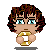 Pixel art character with brown curly hair holding a golden ring, showing two expressions: one with closed eyes and another with open blue eyes.