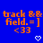 Blue background with orange pixelated text reading 'track && field. = ] <33' and two white heart symbols below.